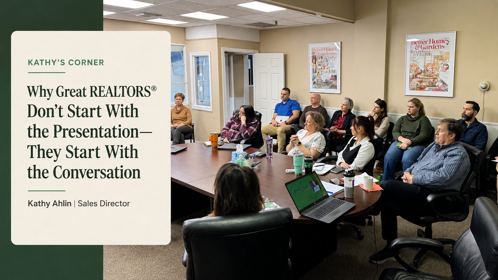 Kathy Ahlin leading a conversation with real estate professionals during a Concord, NH Office meeting
