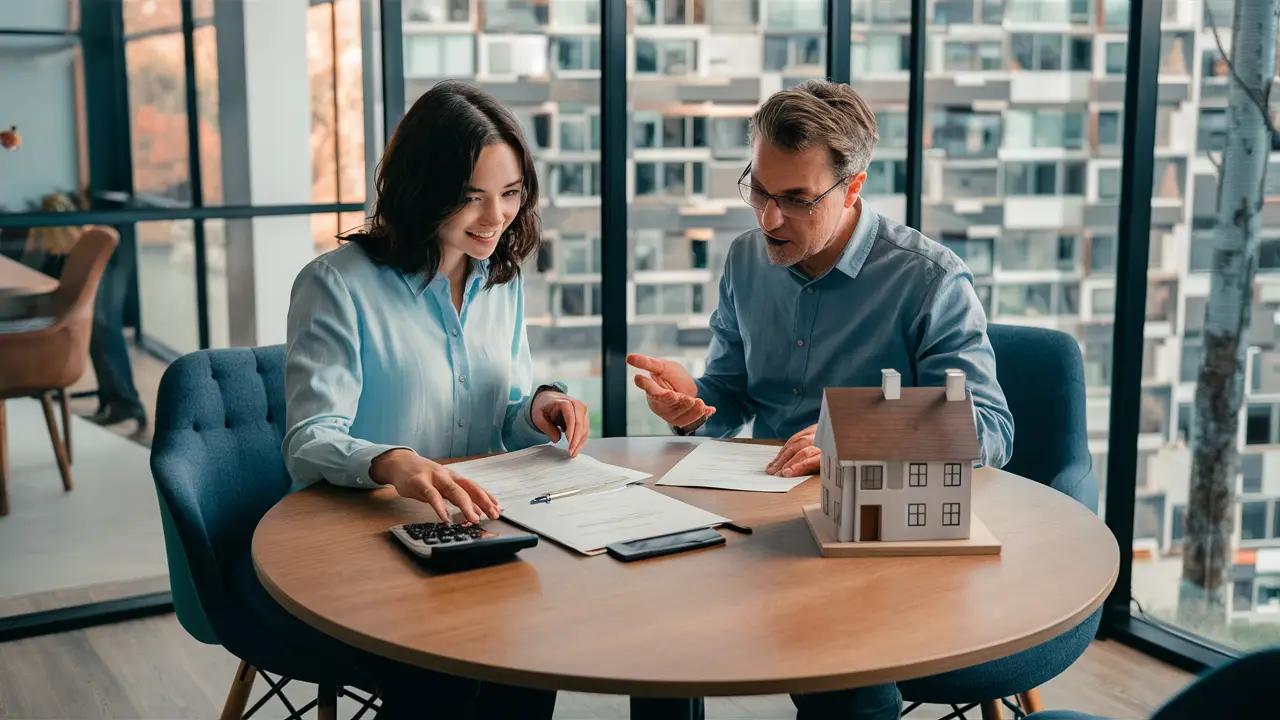 Two people reviewing paperwork with a calculator and model house at a table