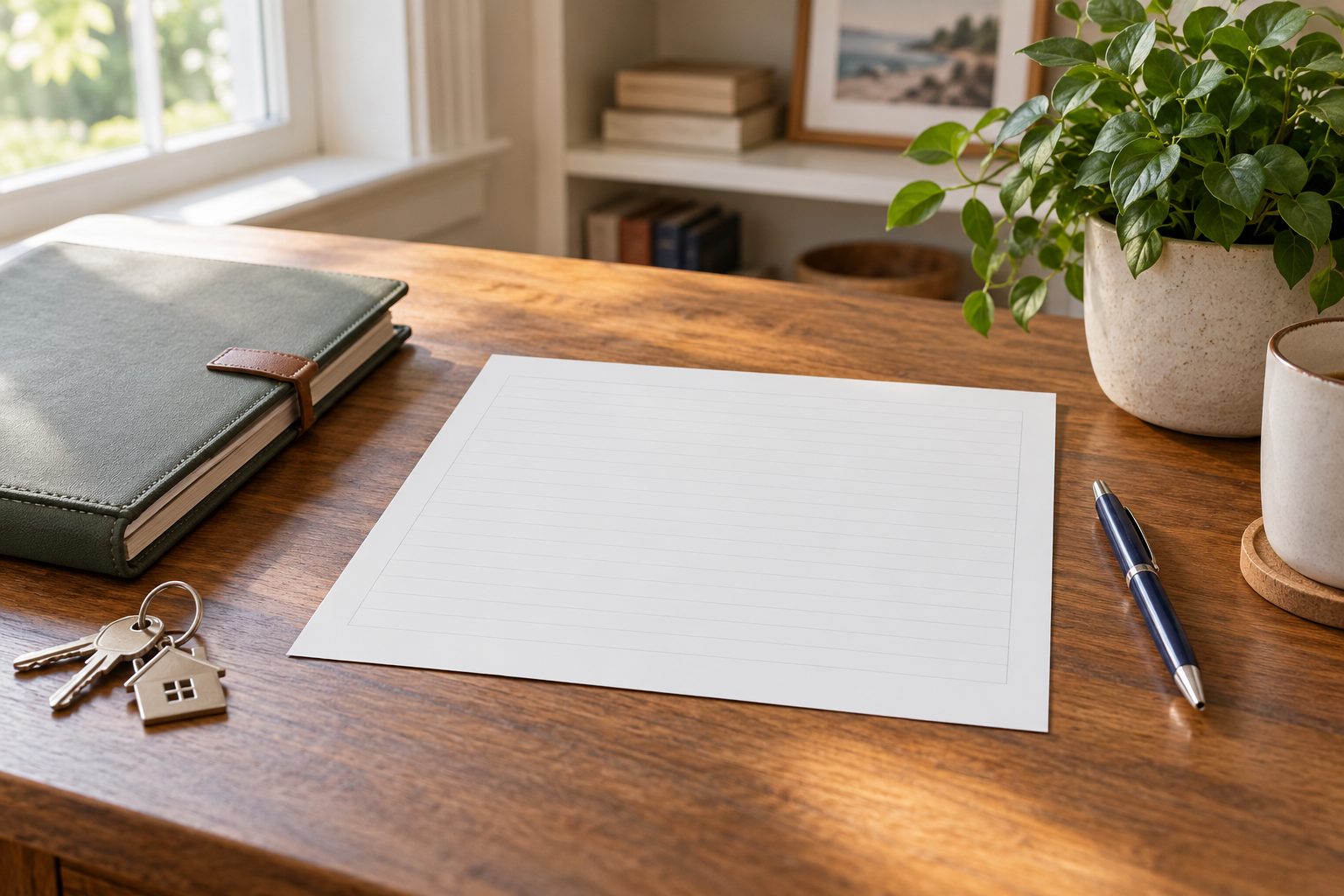 House keys, a folder, and a blank planning worksheet on a desk.