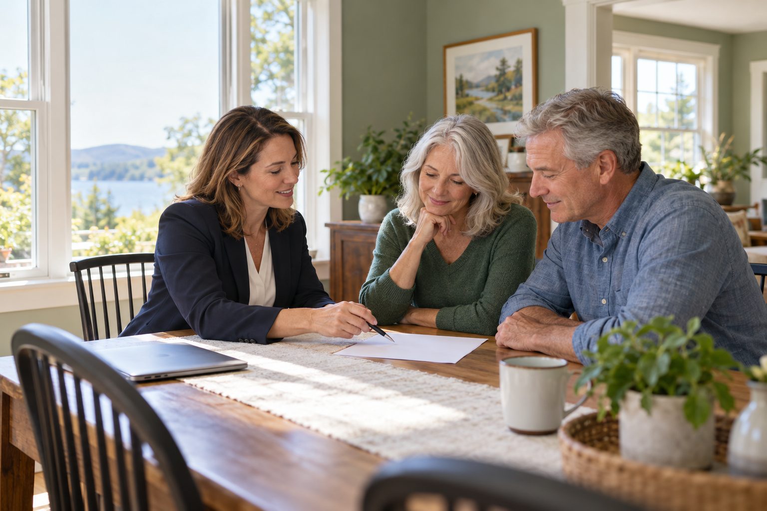 A couple reviews a home sale worksheet with a real estate professional at their dining table.