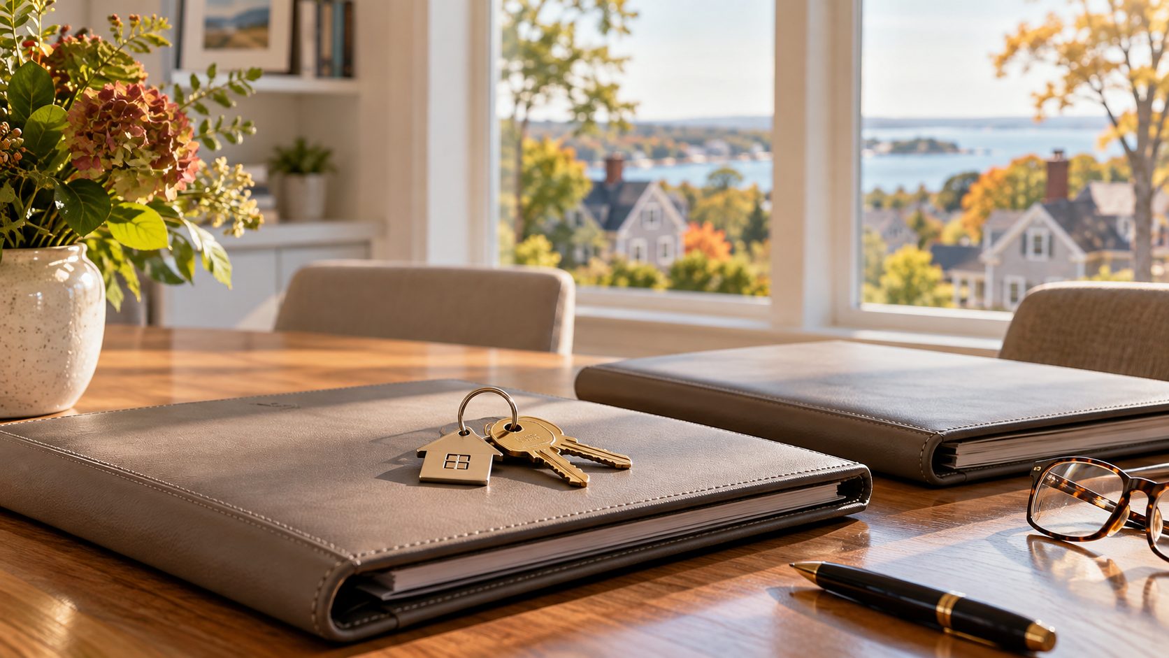 House keys on client portfolios in a sunlit office, representing succession planning for real estate agents.